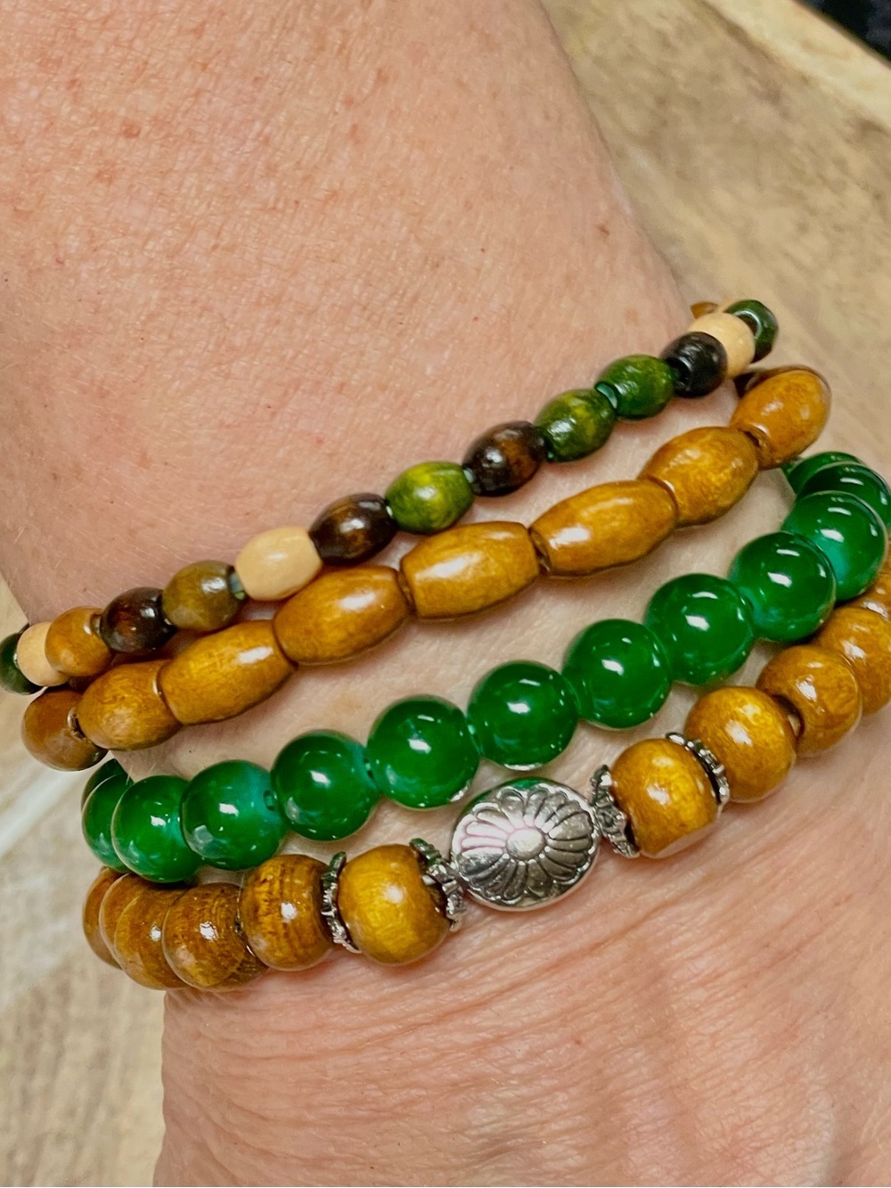 Handcrafted Green and Brown Beaded Stack Bracelet Set